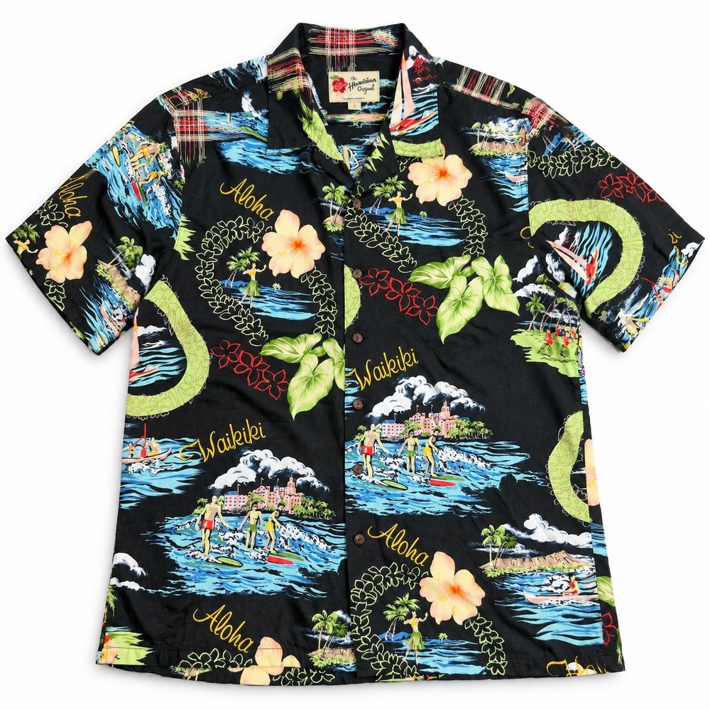 Hap Hula Hawaiian Aloha Shirt Men's Large Black Waikiki Made in Hawaii Rayon